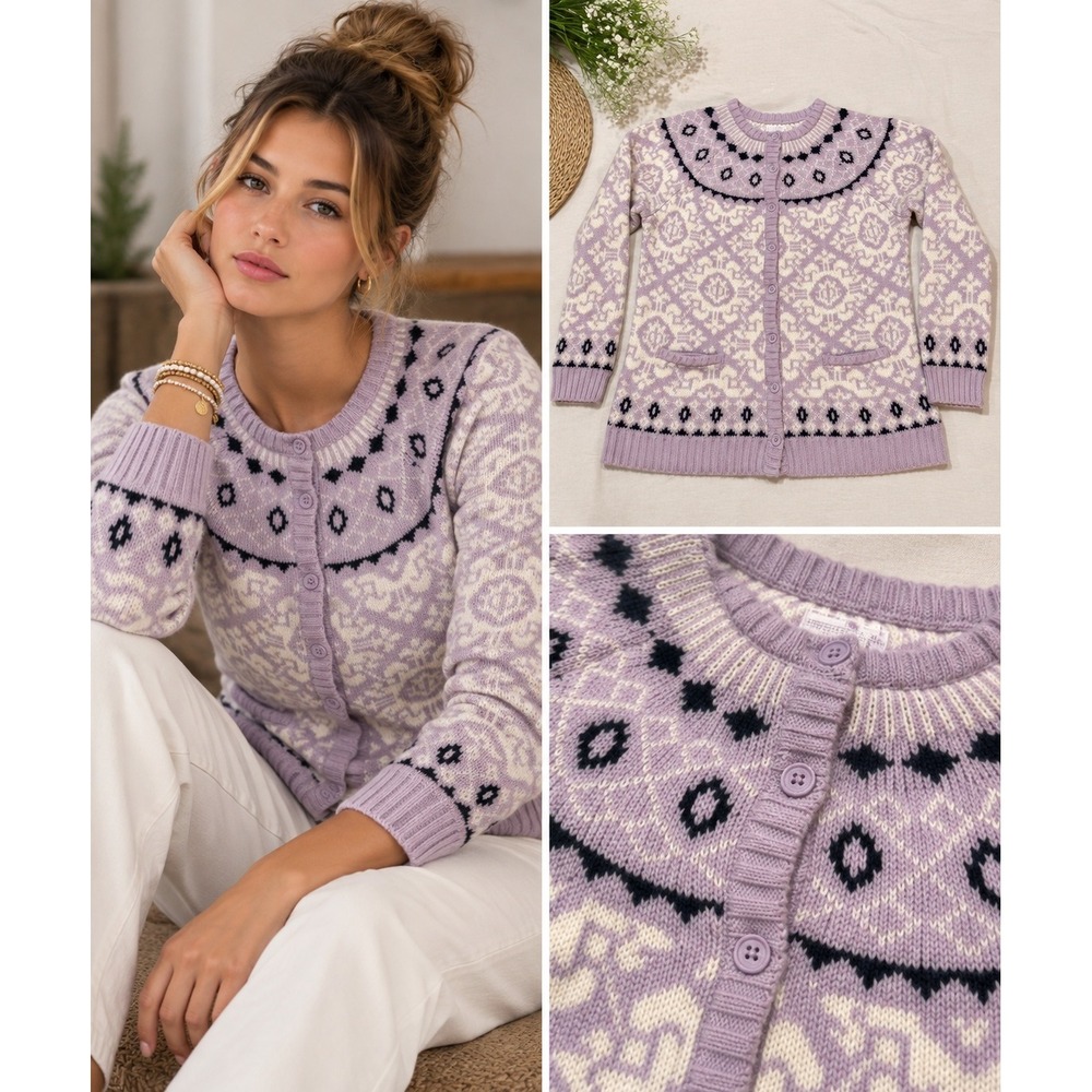 National Lilac Purple Fair Isle Knit Button Cardigan Sweater Large Nordic Granny